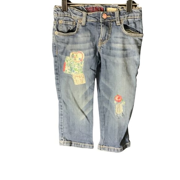 The Childrens Place 1989 Girls 6X Adjustable Waist Patched Capri Denim Jeans Blu - Picture 1 of 14